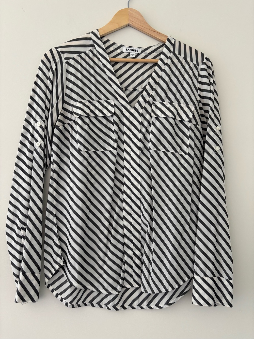 Express Black and White Striped V-Neck Dress Shirt